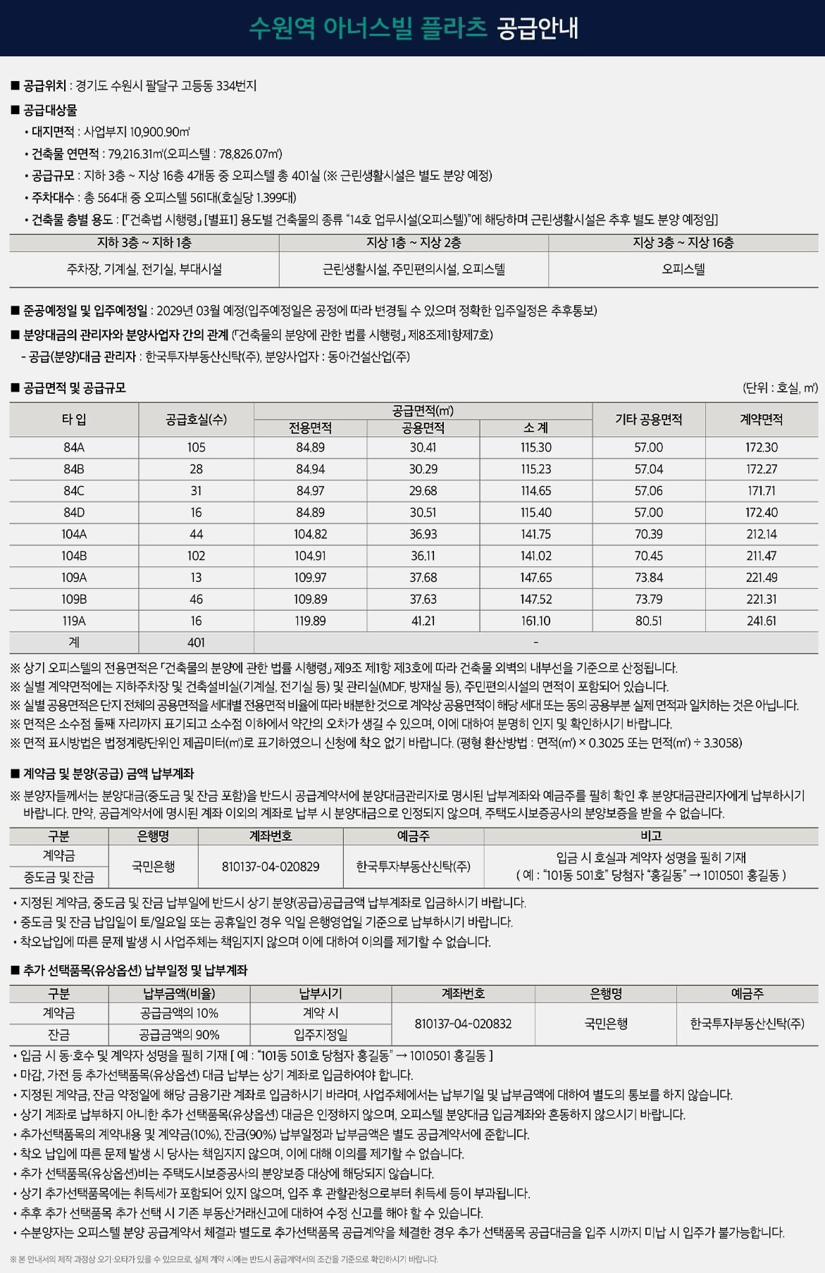 84타입 기준 6억 후반에서 7억 초반대로 책정된 수원역 아너스빌 플라츠 오피스텔 401실 공급안내문
