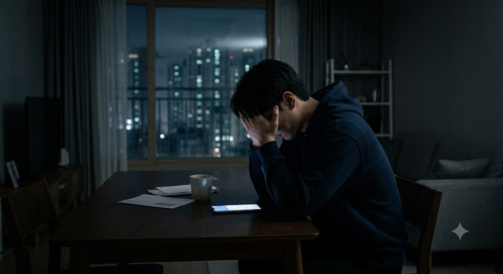 지역주택조합 가입 후 추가 분담금 청구 한글 알림을 스마트폰으로 확인하고 뼈저리게 절망하는 남성
