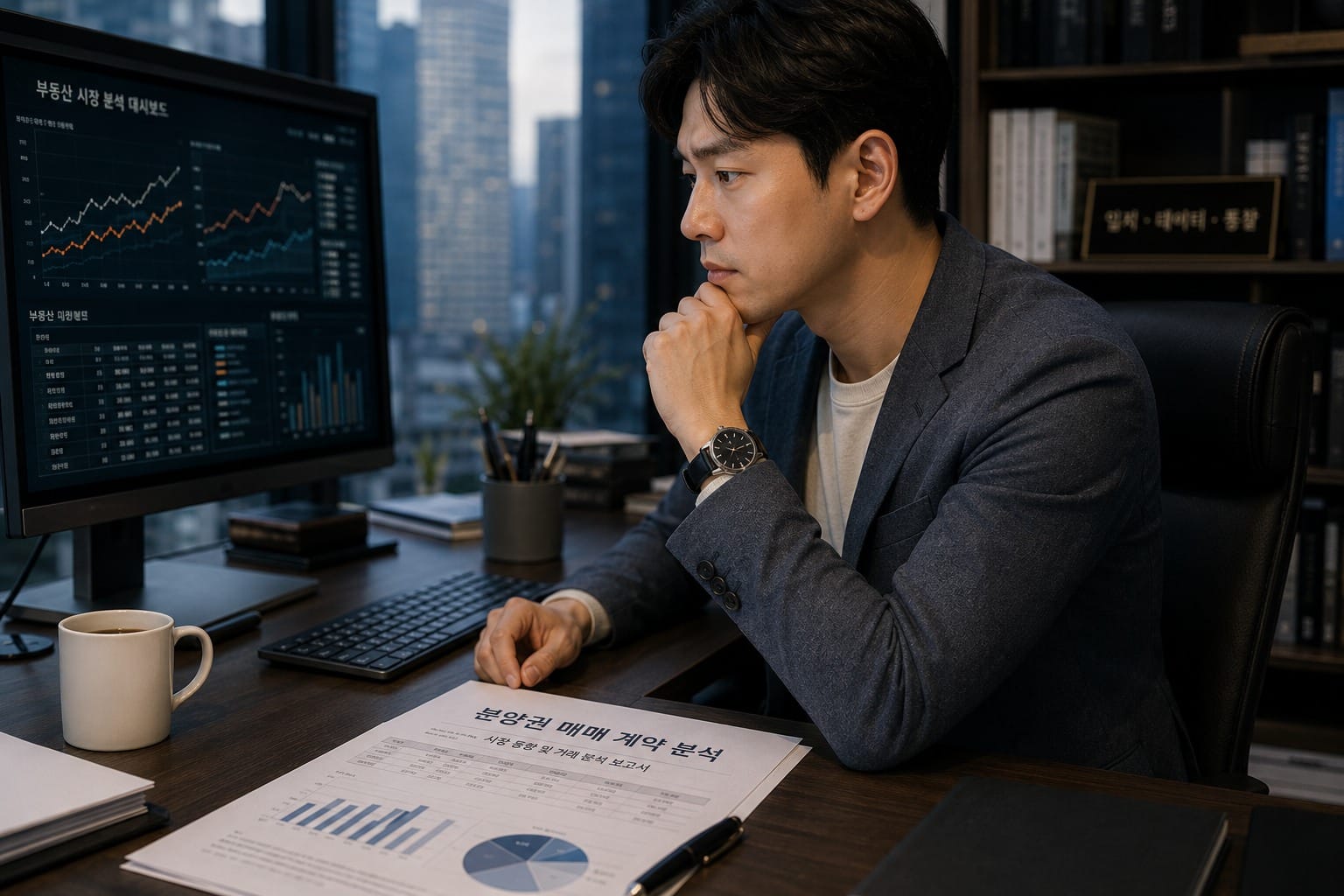 컴퓨터 모니터의 부동산 시장 지표를 보며 분양권 매매 계약 서류를 진지하게 분석하는 젊은 한국인 남성 부동산 전문가