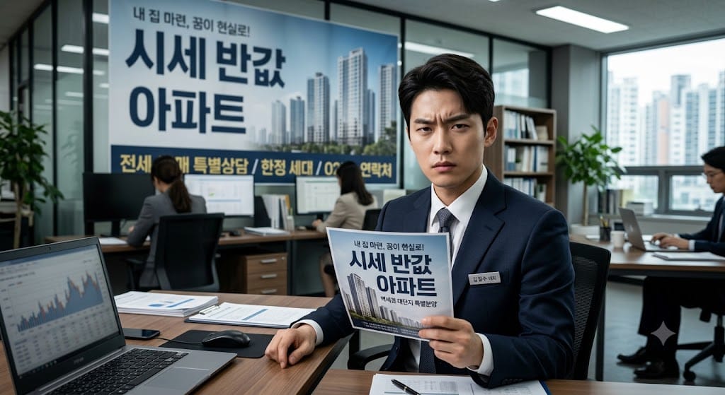 지역주택조합 단점을 파헤치기 위해 시세 반값 아파트 한글 홍보물을 들고 날카롭게 비판하는 분석가의 모습