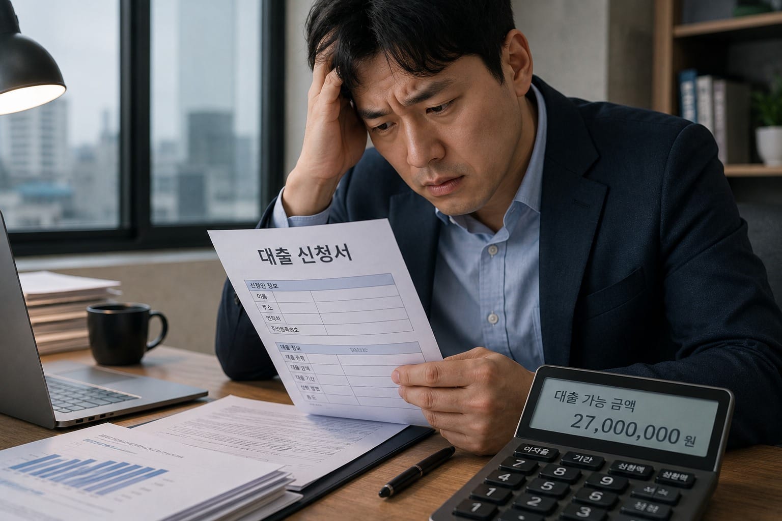 한글 대출 신청서 옆에서 계산기를 두드리며 자금 조달 한도 부족으로 머리를 감싸고 고뇌하는 젊은 한국인 남성