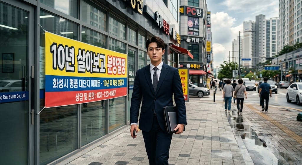 협동조합형 민간임대 단점을 파헤치기 위해 10년 살아보고 분양결정 한글 현수막 앞을 걷는 젊고 잘생긴 분석가