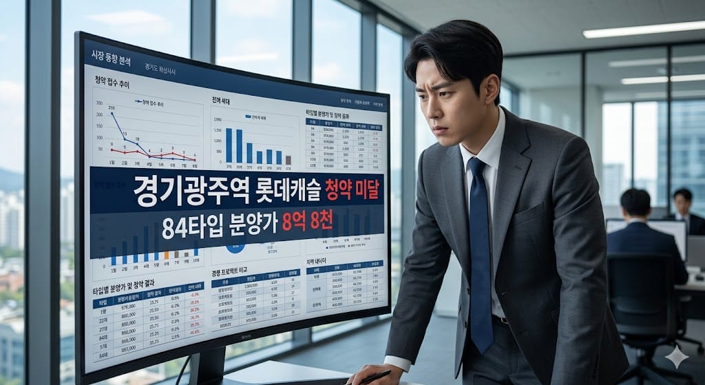 한글로 경기광주역 롯데캐슬 청약 미달 및 84타입 분양가 8억 8천이라고 적힌 모니터 화면을 심각하게 분석하는 젊은 한국인 남성 부동산 전문가