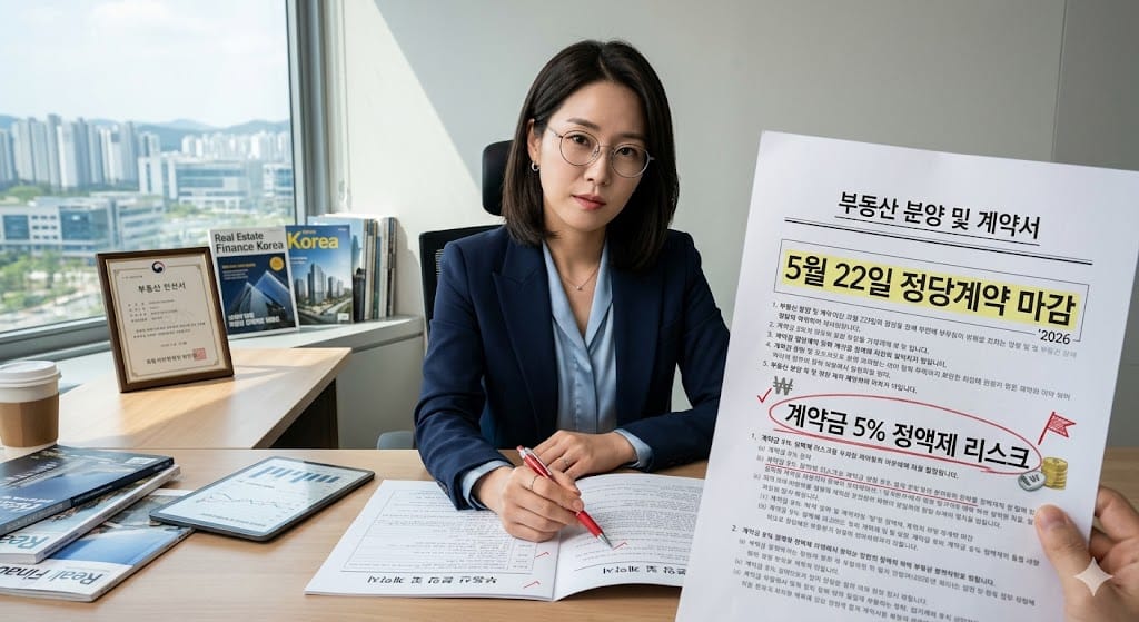 5월 22일 정당계약 마감 및 계약금 5% 정액제 리스크라고 적힌 부동산 계약 서류를 날카로운 표정으로 검토하는 젊은 한국인 여성 분석가