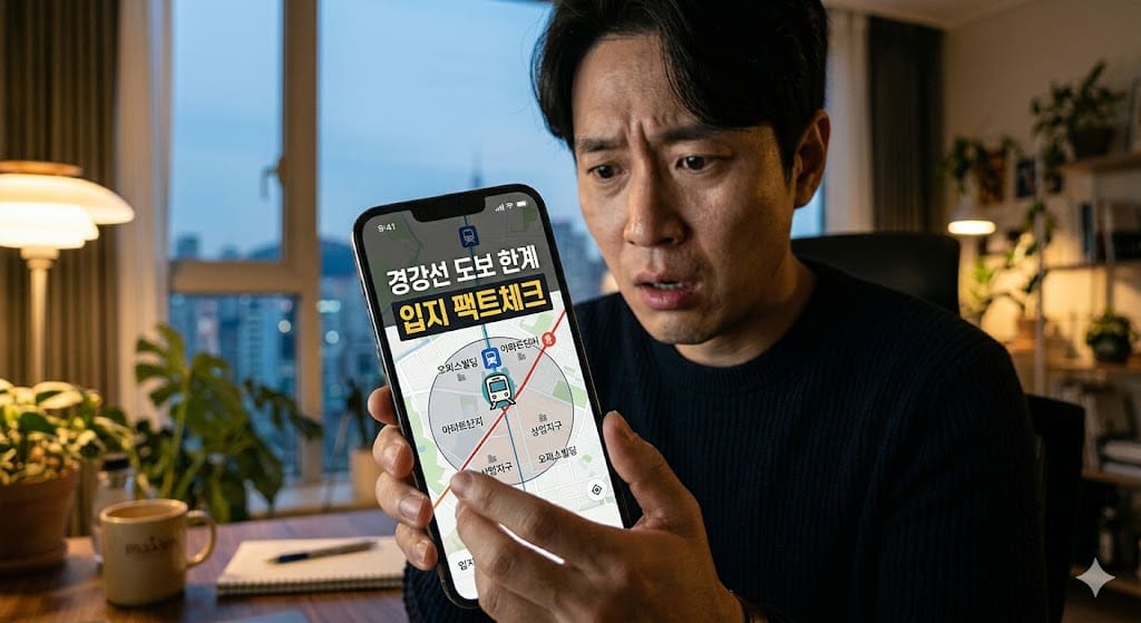 스마트폰으로 경강선 도보 한계와 입지 팩트체크라는 글자가 띄워진 지도를 확인하며 우려하는 젊은 한국인 남성