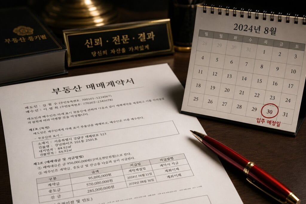 한글로 적힌 부동산 매매 계약서와 입주 지정 마감일이 빨간색으로 표시된 탁상달력 위에 놓인 서류 결재 펜