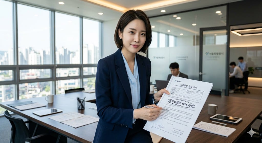 전세보증금 방어 특약이라는 한글 텍스트가 적힌 서류를 자신감 있게 가리키는 젊은 한국인 여성 전문가