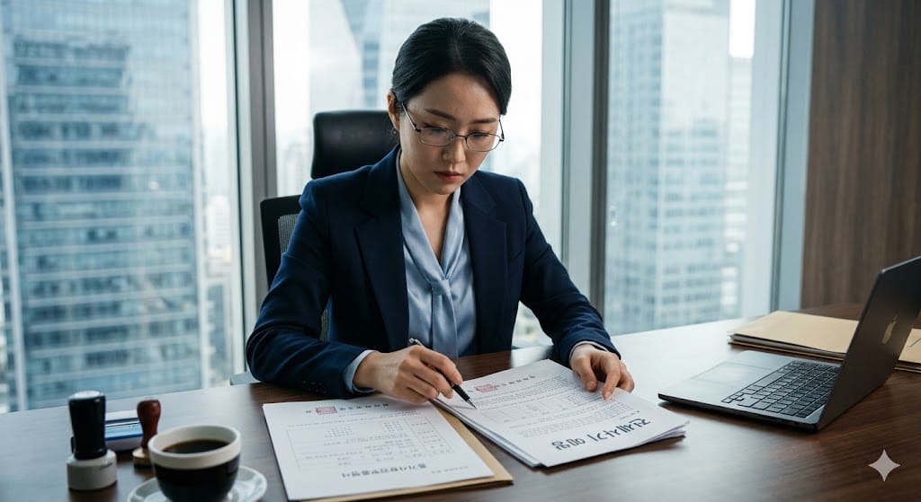 전세사기 예방이라는 한글 문구가 적힌 부동산 계약서와 등기부등본을 심각한 표정으로 분석하는 젊은 한국인 여성 부동산 전문가