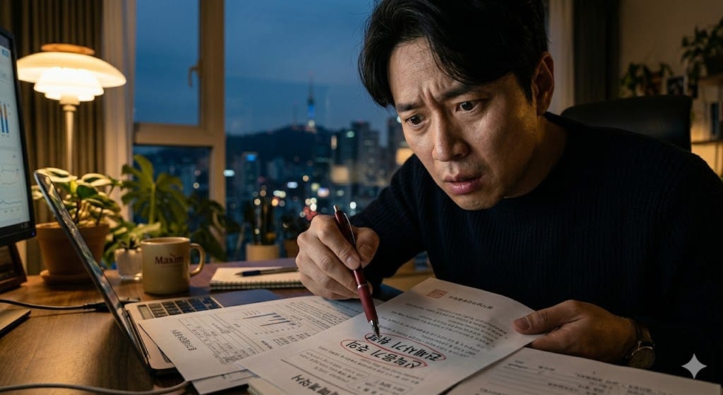한글로 신탁등기 주의 및 전세사기 위험이라고 적힌 부동산 서류를 보며 스트레스를 받는 젊은 한국인 남성