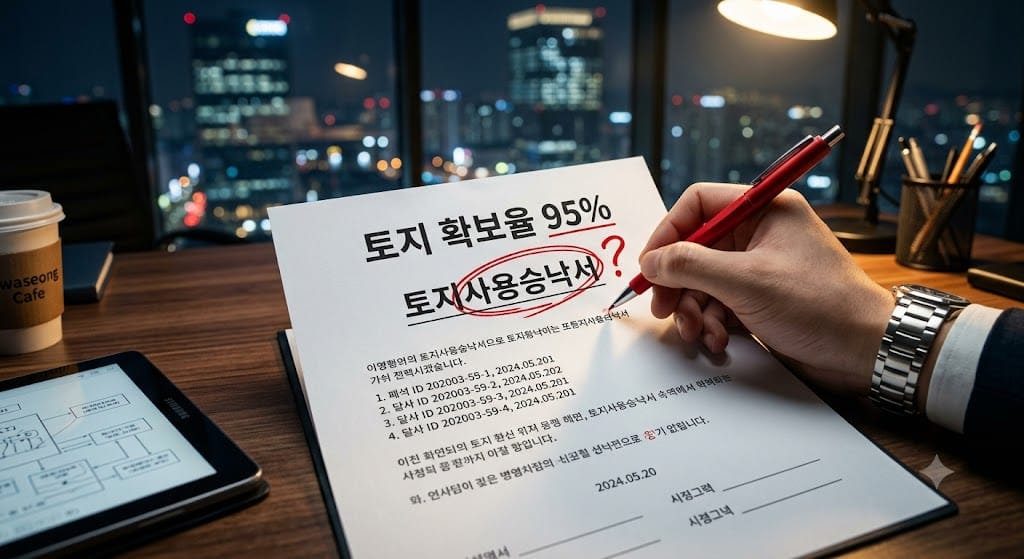목재 책상 위에 놓인 지역주택조합 사기의 핵심 서류인 한글 토지사용승낙서에 빨간 펜으로 의문 부호를 그리며 정밀 분석하는 손과 만년필