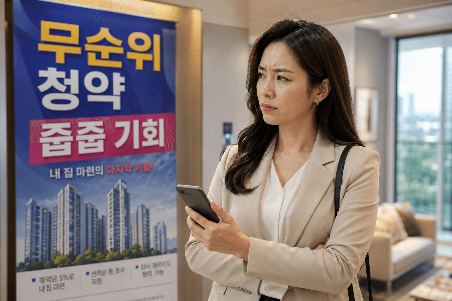 무순위 청약 안내문이 적힌 홍보판 앞에서 진지하고 날카로운 표정으로 분석 자료를 검토하는 여성 전문가