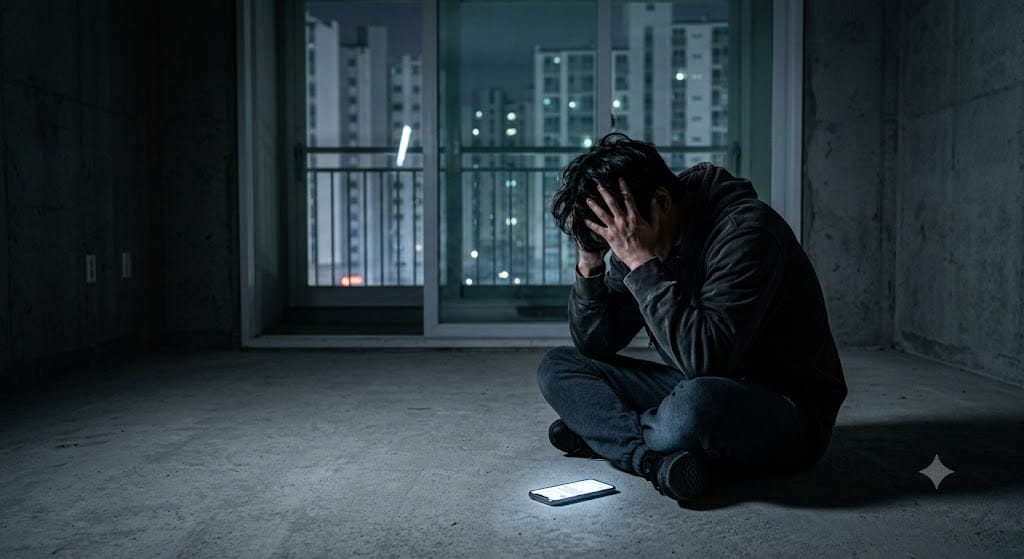 HUG 보증 거절 및 투자금 손실 한글 알림을 받고 텅 빈 어두운 거실에서 뼈저리게 절망하는 여성 수분양자