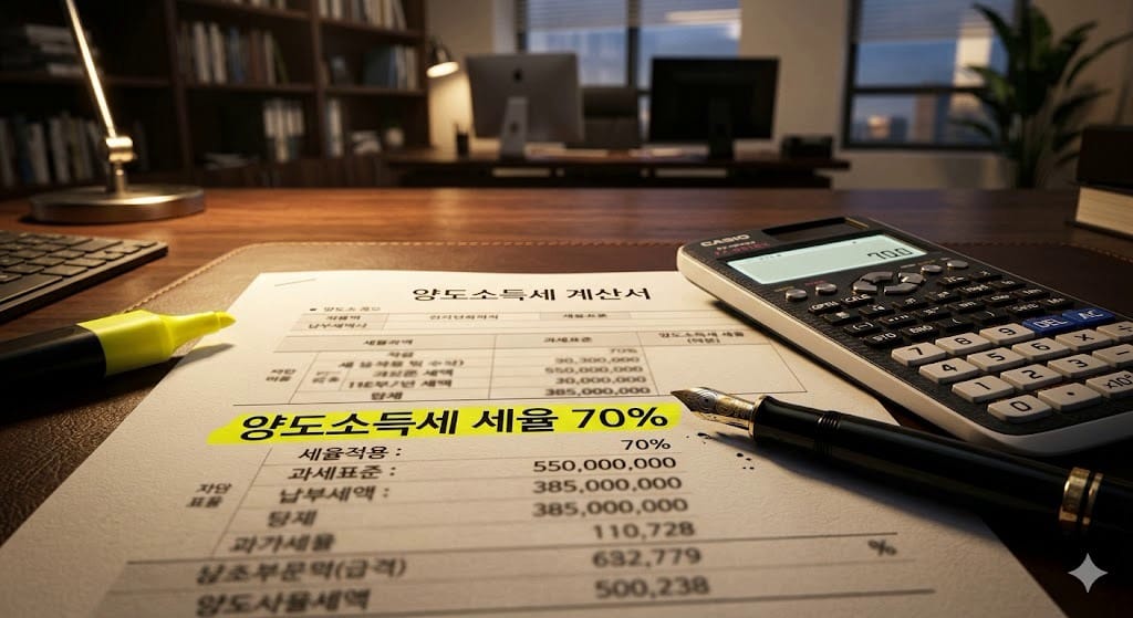 노란색으로 양도소득세 최고 세율 문구가 강조된 세금 계산서 서류와 그 옆에 놓인 금융 계산기