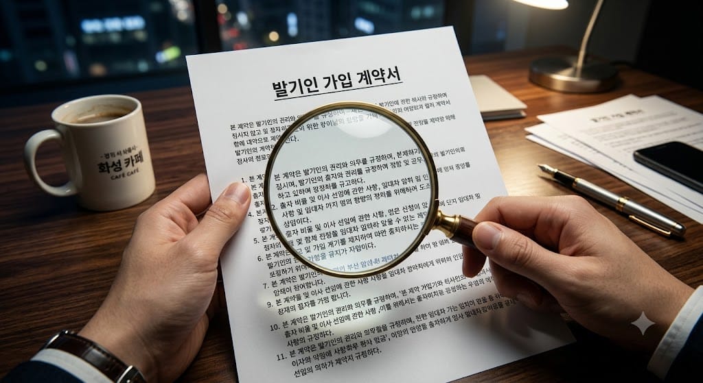 임대차 계약이 아닌 발기인 가입 계약서라는 한글 서류의 법적 함정을 돋보기로 정밀 분석하는 모습