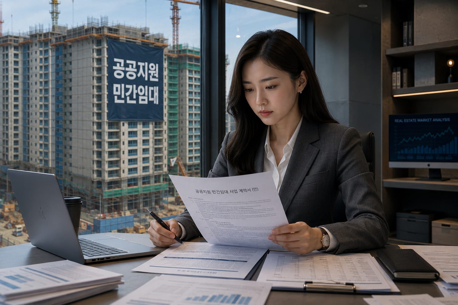 신축 아파트 건설 현장이 보이는 창가에서 공공지원 민간임대 모집공고문을 심각한 표정으로 분석하는 젊은 한국인 여성 부동산 전문가