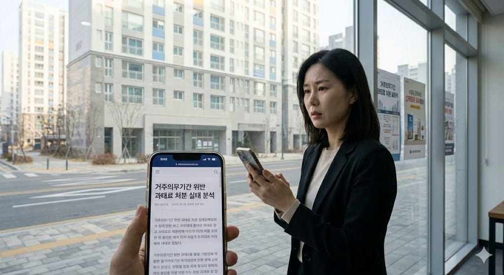 신축 아파트 단지 앞에서 스마트폰으로 거주의무기간 위반 관련 규정을 확인하며 걱정스러운 표정을 짓는 젊은 한국인 여성