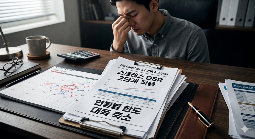 연 금리 4.5%, 30년 만기 원리금균등상환 조건 시뮬레이션 문서 옆에서 가산 금리가 적용되는 스트레스 DSR 2단계 규제로 연봉별 주담대 한도가 줄어들어 고뇌하는 젊은 한국인 남성 실수요자.