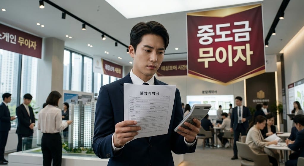중도금 무이자라는 한국의 북적이는 모델하우스 내 '중도금 무이자' 한글 배너 앞에서 젊고 잘생긴 남성 부동산 분석가가 의심 가득한 표정으로 계산기와 계약서를 대조하는 모습