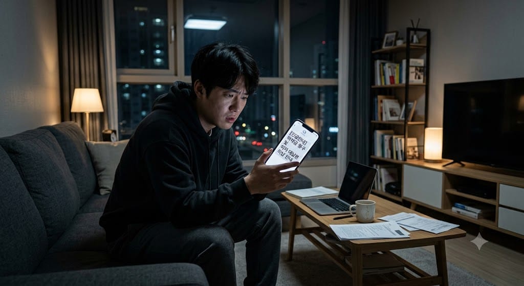 아파트 계약 해지 위약금 및 이자 대납분 청구 알림을 스마트폰으로 확인하며 절망하는 수분양자