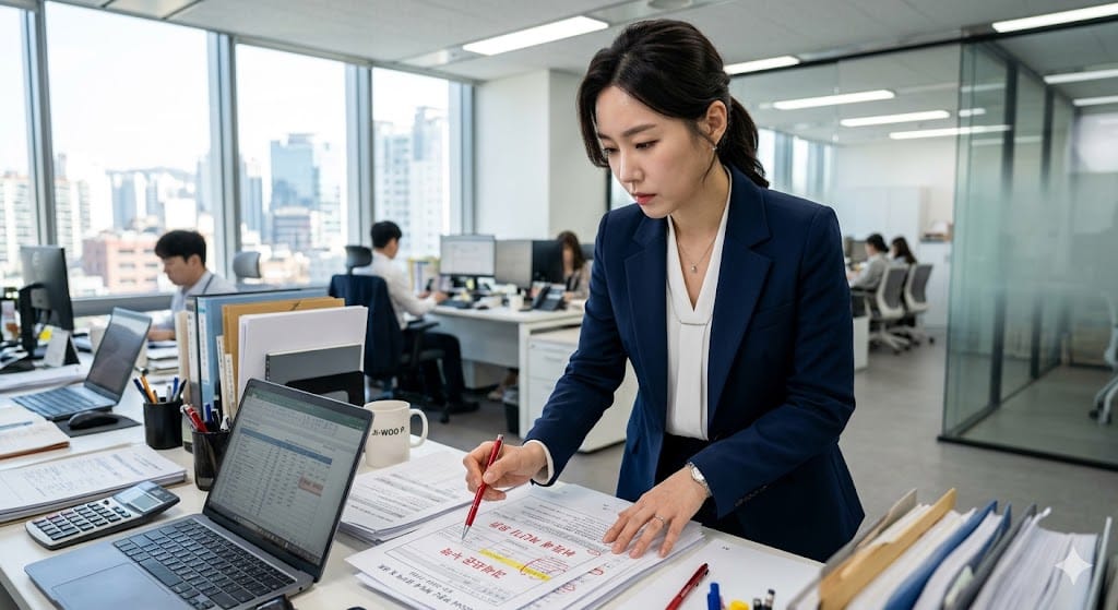취득세 계산기 오류 및 과세표준 누락이라고 적힌 세무 서류를 날카롭게 지적하는 여성 분석가