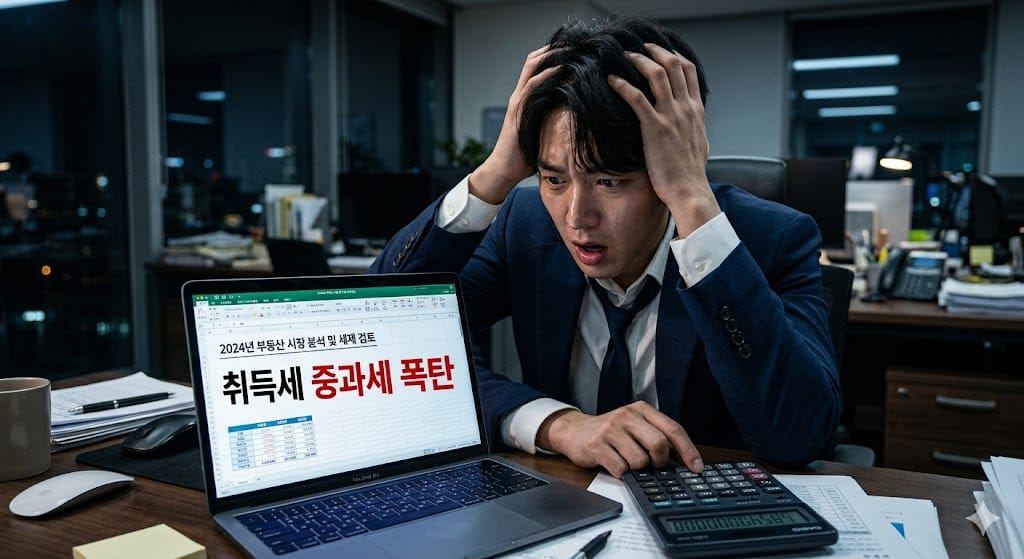 취득세 계산기 오류로 인한 취득세 중과세 폭탄을 확인하고 경악하는 젊은 한국인 남성