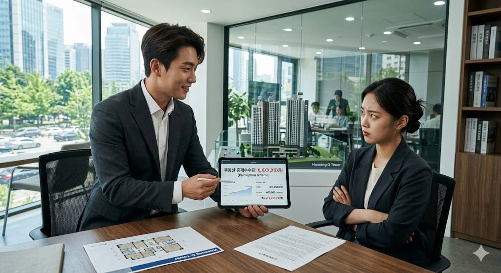 유상 옵션이 포함된 초과 부동산 중개수수료 청구 내용을 확인하며 부동산 중개인에게 항의하는 세입자