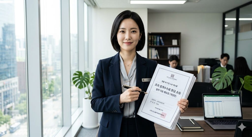 초과 납부한 부동산 중개수수료에 대해 환급 소송 및 법적 대응 매뉴얼을 제시하는 여성 부동산 분석가