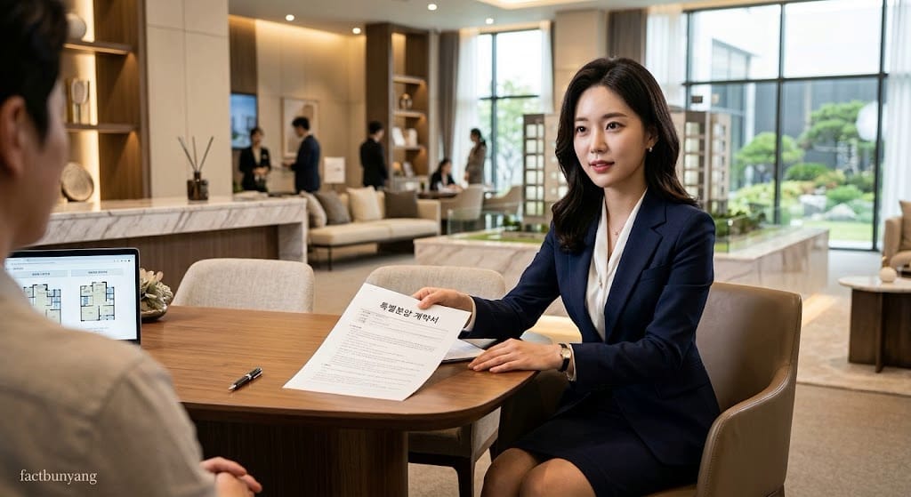 회사보유분 아파트 특별분양 계약서를 은밀하게 내미는 모델하우스 상담사