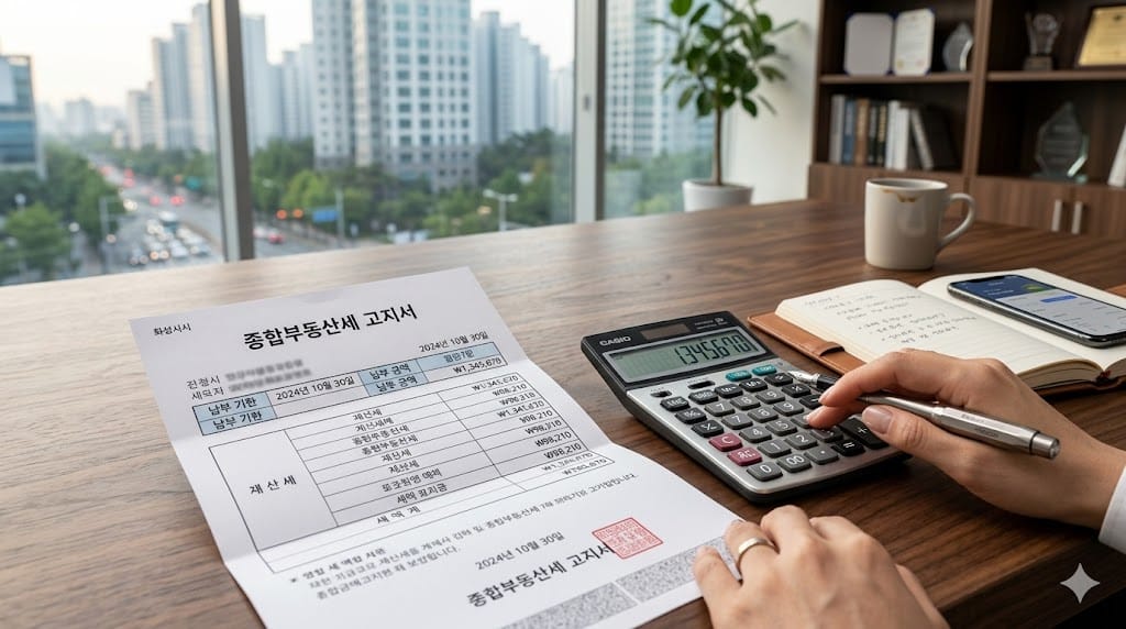 책상 위에 놓인 종부세 기준 파악을 위한 납부 고지서와 세액을 계산하는 디지털 계산기