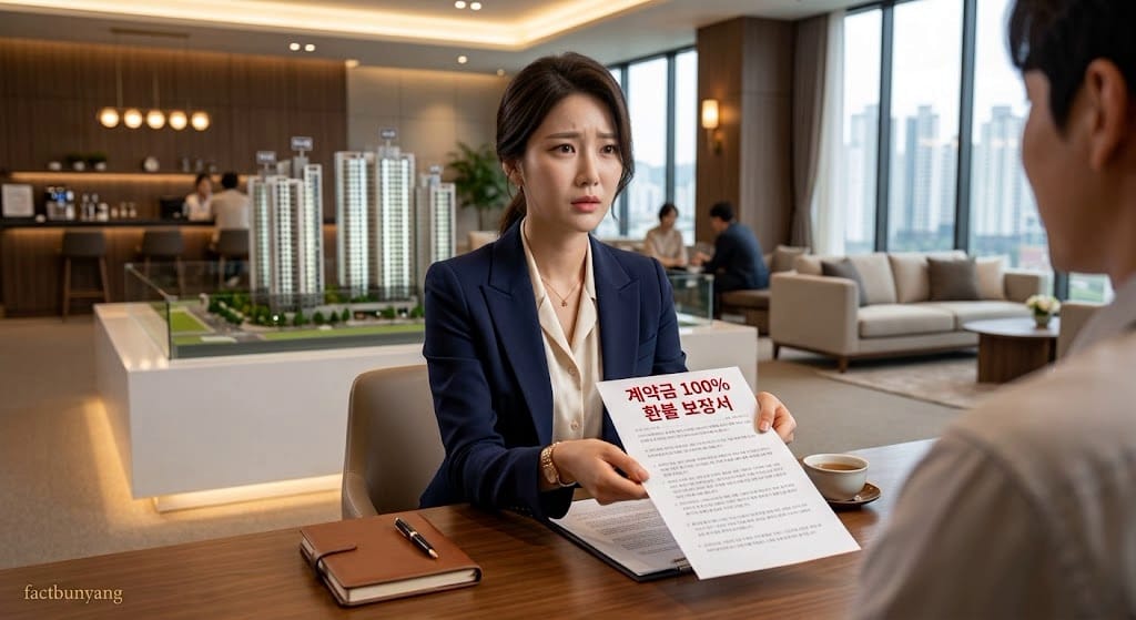 분양 계약금 몰수 사기의 미끼가 되는 100% 환불 보장서를 확인하는 매수자