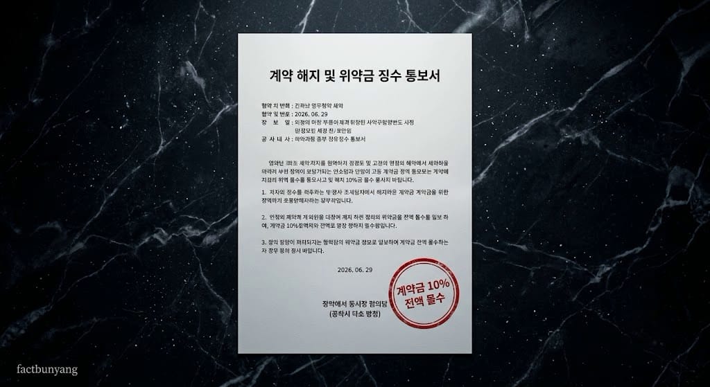 대출 조건 미비에 따른 분양 계약 파기 절차가 개시되어 표준 공급 계약서 약관에 의거해 기예치금의 위약금 몰수 집행 인장이 찍히는 서면 통지서
