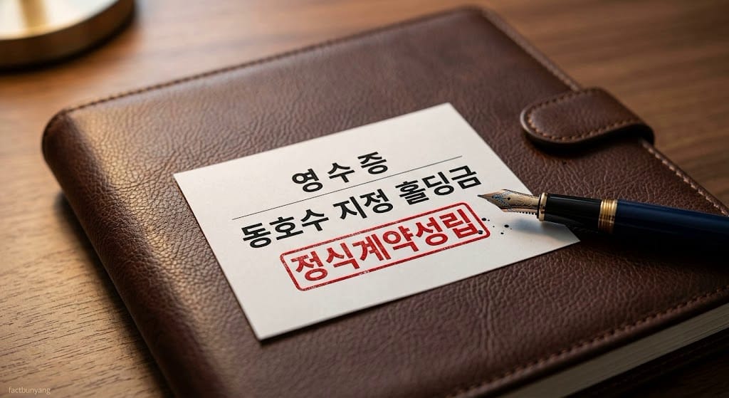 동호수 지정 요건이 성립되어 분양 가계약금 환불 청구가 차단되고 가계약금 반환 위약금 조항이 발효됨을 나타내는 영수증 서류