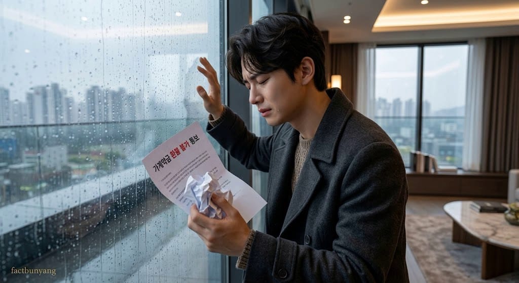 모델하우스 현장에서 분양 가계약금 환불 이행을 거절당하고 가계약금 반환 거부 통지서를 보며 경제적 결손에 낙담한 매수자