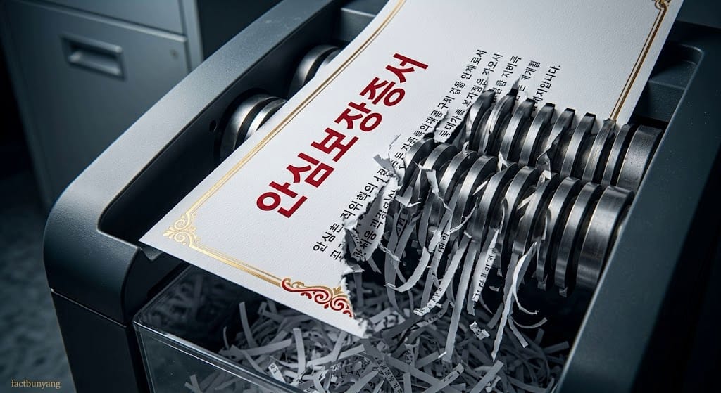 시행 주체의 법인 소멸 및 명목 변경 꼼수로 인해 분양 안심보장증서 권리가 실효되어 파쇄기로 들어가는 서류 화면