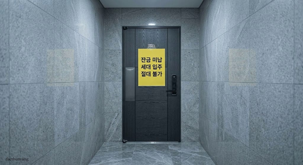 분양권 전세 맞추기 이행 불능으로 인해 소유권 이전 등기가 거부되고 출입 제한 안내문이 부착된 공실 현관문