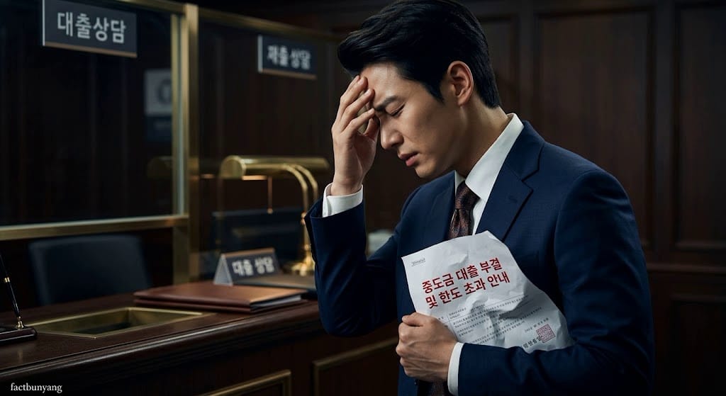 정부의 가계 대출 DSR 규제 총액 산정에 가로막혀 집단 원리금 자서 거부를 통보받고 계약금 위약금 몰수 위기에 직면한 수분양자의 고뇌