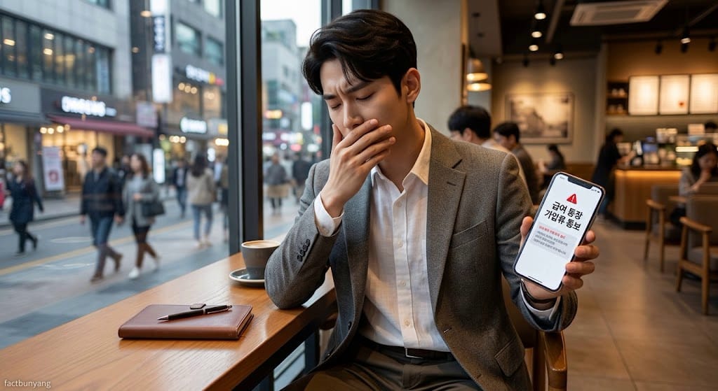 채무 승환 불이행에 따른 사법적 판결 선고 이후 계약자의 유동 계좌 압류 및 가계 자산 동결 조치 고지서 전경