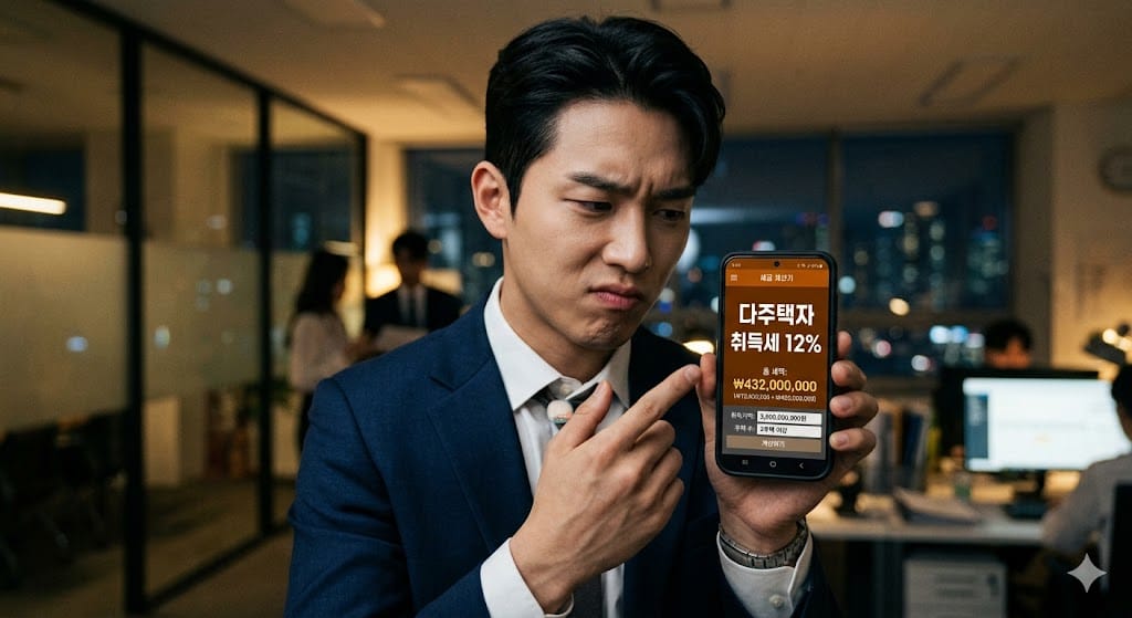 스마트폰으로 다주택자 취득세 12%라는 화면을 확인하며 심각한 표정을 짓는 젊은 한국인 남성
