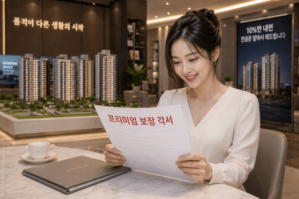 프리미엄 보장 각서 사기의 미끼가 되는 가짜 확약서를 믿고 미소 짓는 예쁜 매수자