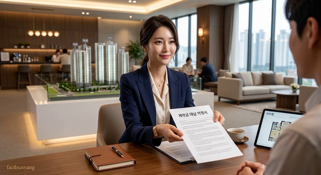 미분양 대납 사기의 시작인 계약금 대납 약정서를 건네는 예쁜 상담사