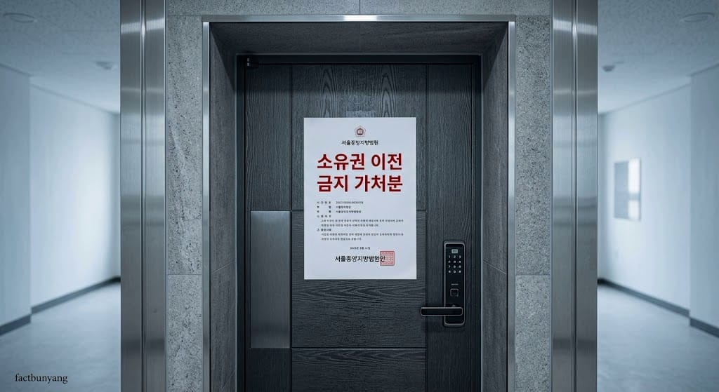 미분양 계약금 대납 약정 위반으로 법원의 소유권 이전 금지 가처분 안내문이 부착된 굳게 닫힌 신축 아파트 세대 현관문