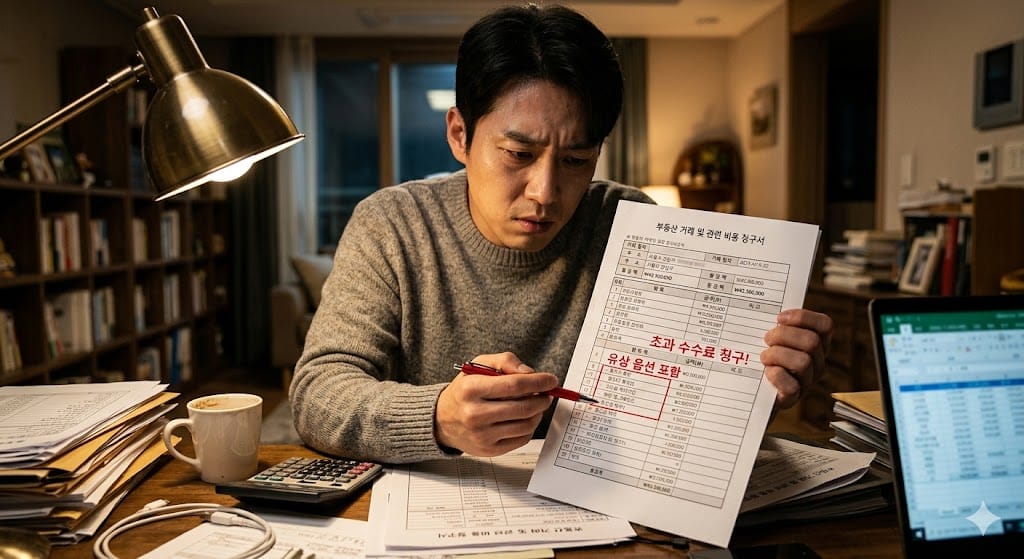부동산 중개수수료 청구서에 포함된 유상 옵션 꼼수를 발견하고 고뇌하는 남성