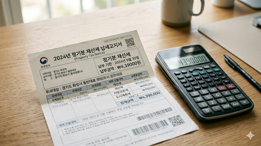 나무 책상 위에 놓인 부동산 재산세 납부 고지서와 세금을 계산하기 위한 디지털 계산기
