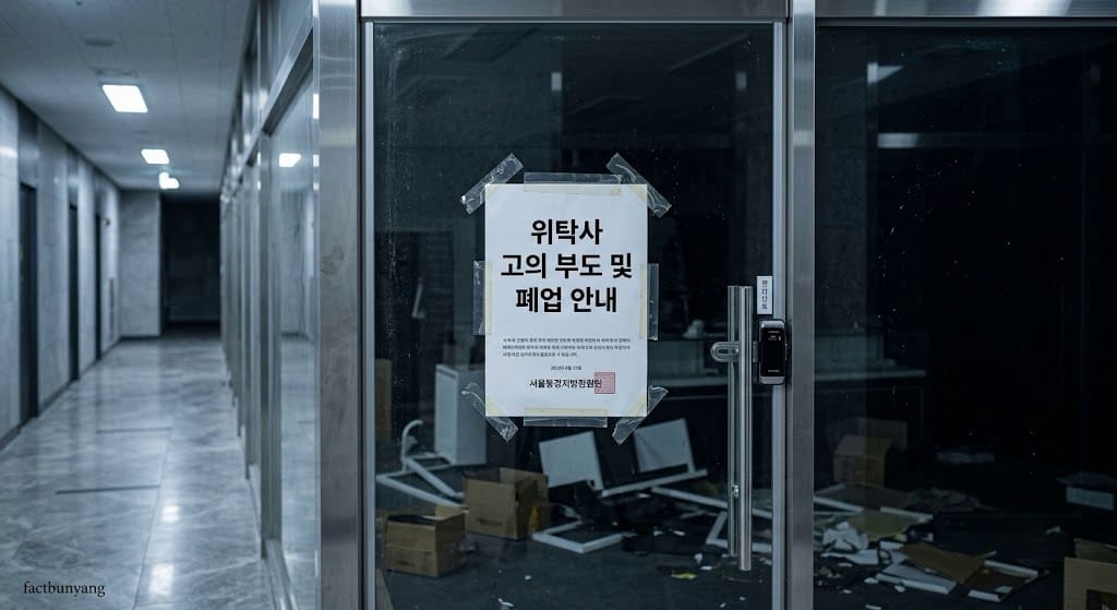 마스터리스 위탁 관리 주체가 고의 파산 신고 후 업무를 전면 중단하여 임대수익 보장 각서가 무효화된 폐쇄된 사무실 입구