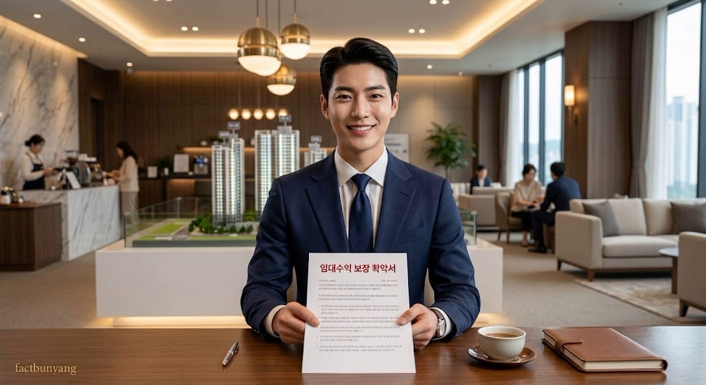 매월 확정 수익을 준다는 임대수익 보장 각서를 믿고 계약하는 잘생긴 매수자