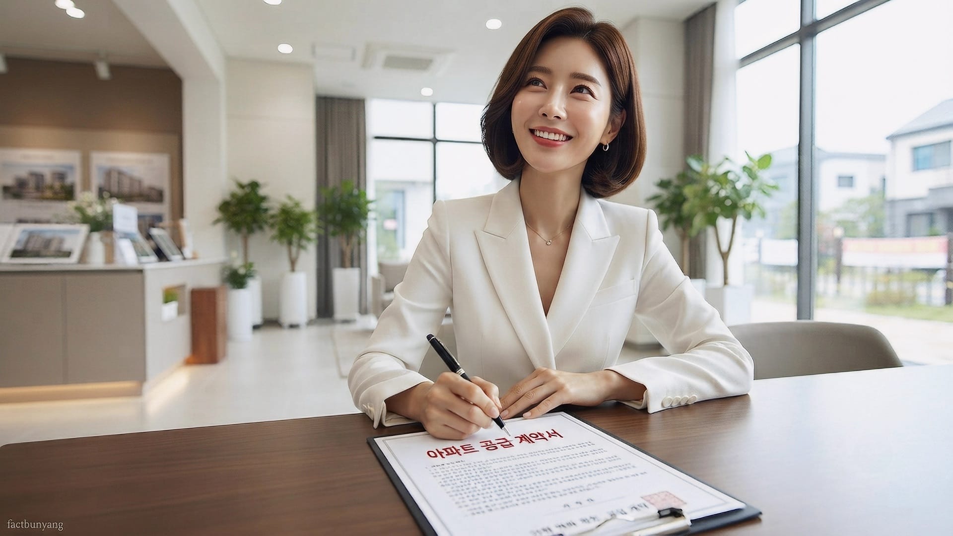 아파트 잔금 대출이 무조건 나올 것이라 착각하고 계약서에 서명하며 미소 짓는 예쁜 매수자