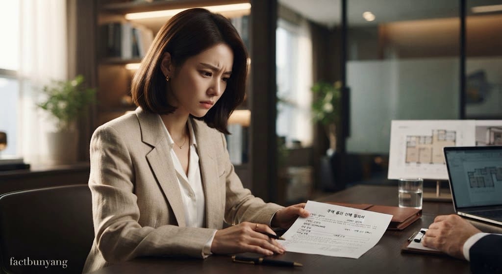 공간 증축 부대비용 미선택 시 계약 거부 특약을 검토하며 대책을 고심하는 여성