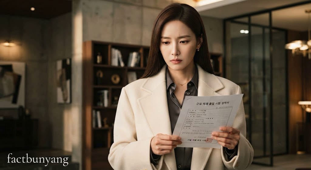 부실시공 적발 서류를 확인하며 견본주택 자재 불일치 손해배상을 고심하는 여성