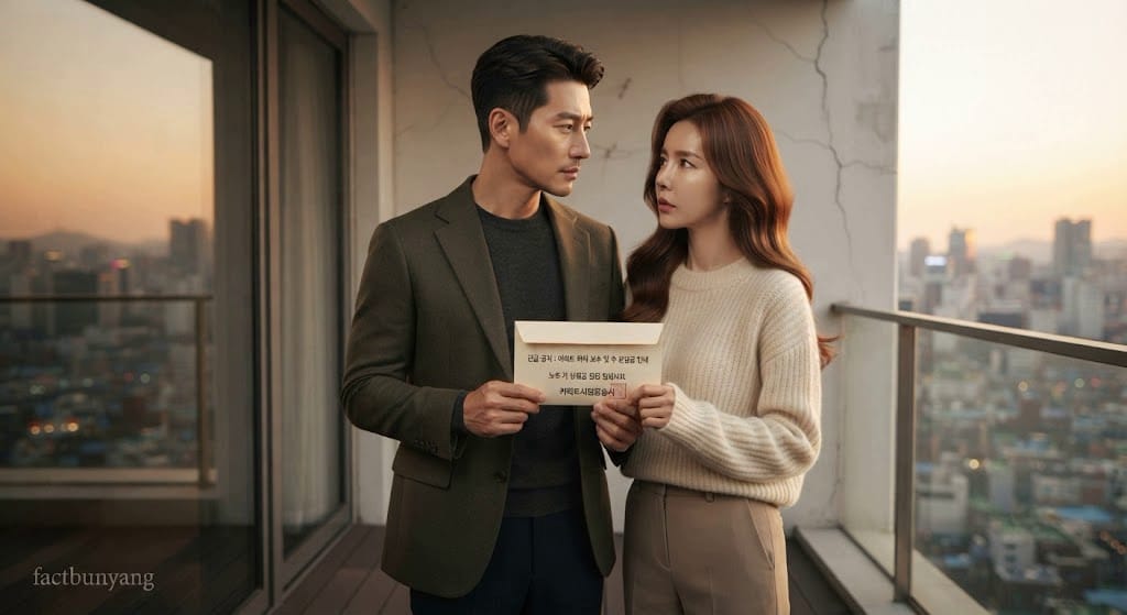 현장에서 손해배상 청구안을 조율하는 부부 아파트 균열 및 누수 중대 하자에 대한 건설공제조합 하자보수보증금 청구 서류 점검