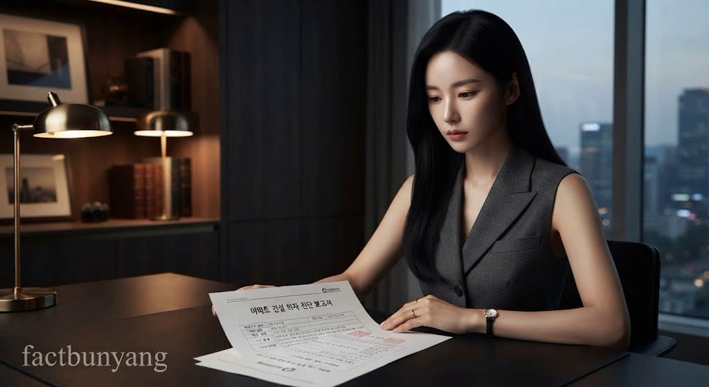 부실시공 단지의 하자 보수 요청 서류를 검토하며 지표를 고심하는 여성